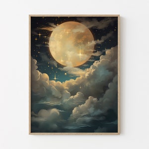 Vintage Enchanting Celestial Moon Art Oil Painting Print | Dark Academia & Dark Cottagecore | Night Sky Painting | Moon Art Print | ECM11