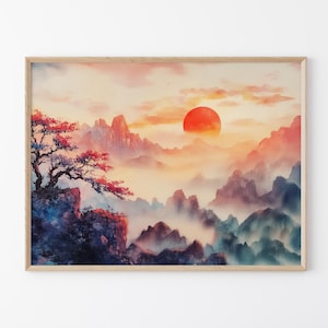 Japanese Maple Tree at Sunset Oil Painting Canvas Print | Vintage Japanese Inspired Print Canvas Art | Retro Japanese Art | TMJ1