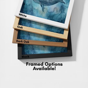 a collection of framed artworks, each with a different color and frame type, including white, oak, dark oak, black, and a black frame. The text "framed options available!" is displayed, indicating that these framed options are available for purchase.