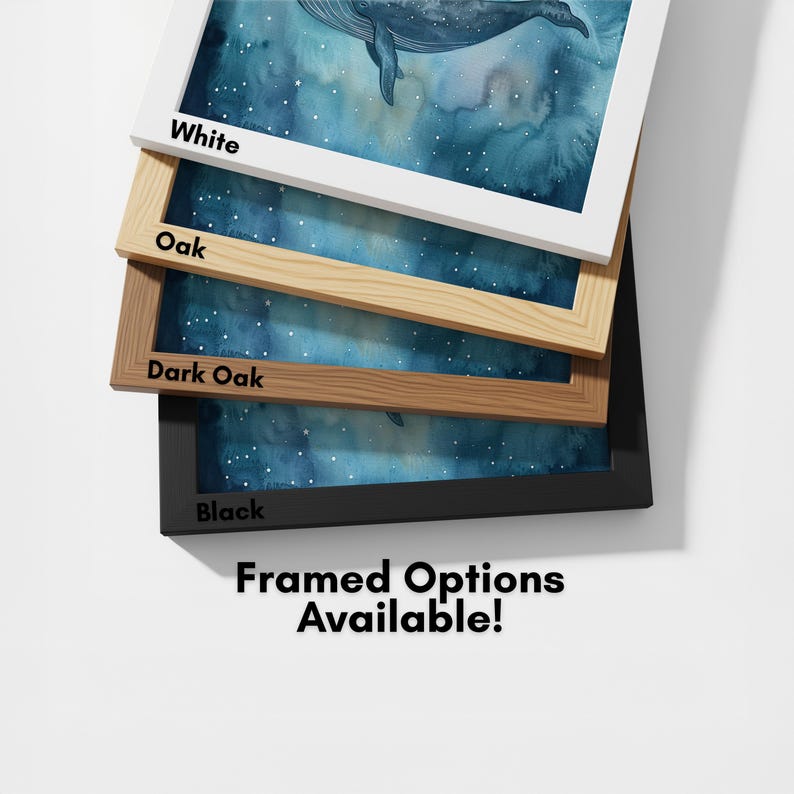 a collection of framed artworks, each with a different color and frame type, including white, oak, dark oak, black, and a black frame. The text "framed options available!" is displayed, indicating that these framed options are available for purchase.
