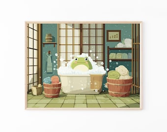 Japanese Frog in a Bathtub Art Print | Relaxing Japandi Bathroom Wall Decor | DBC3