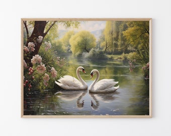 Countryside Lake Loving Swans Oil Painting Print, Wall Art Matte Print, Heart Swan Print, Gift for Couples, Gift for Swan Lovers