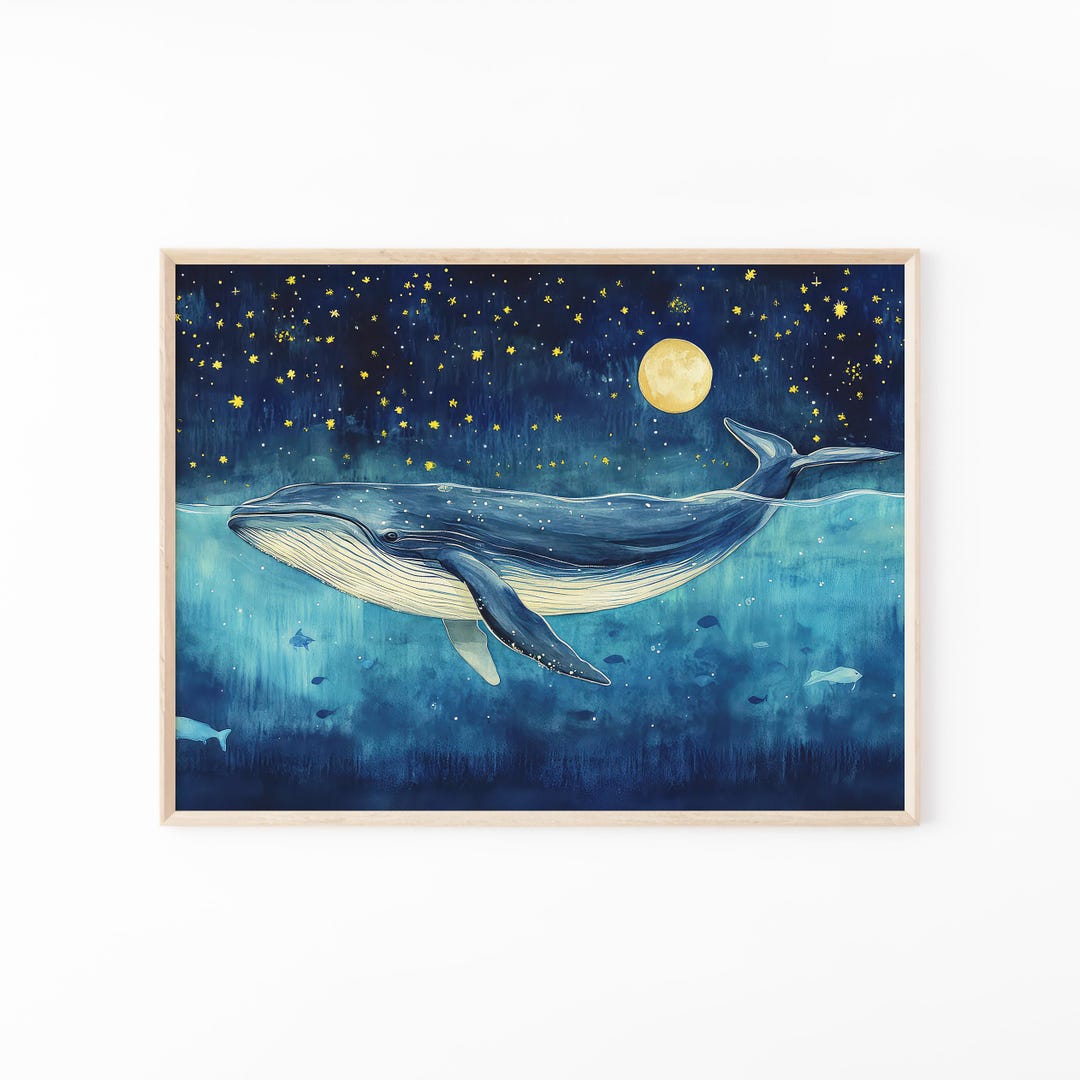 Whale Under the Moon Watercolor Painting | Whale Print | Whale and Boat ...