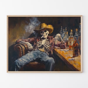 Stampa a olio su tela "Wild West Remains Skeleton Cowboy In a Bar" / Arte murale Western / Arte Cowboy / Regalo per viaggio su strada / Stampa sud-occidentale / WWR5