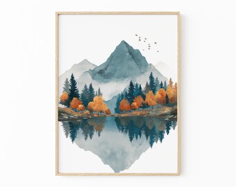 Rocky Mountain Watercolor Lake Painting Print | Neutral Landscape Wall Art | SWD1