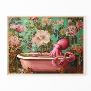 Octopus In A Bathtub In A Luxury Bathroom Oil Painting Print | Octopus Gift | Octopus Wall Art | Funky Eclectic Bathroom Decor | OIA6