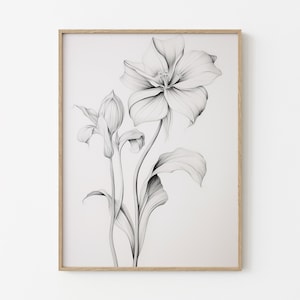 Rough Neutral Vintage Flower Sketch, Antique Flower Drawings, Botanical Art, Farmhouse Art Set, Nature Pencil Sketch Print  RNVF02