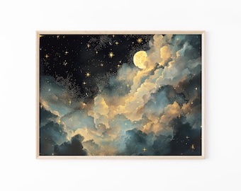 Moon Celestial Oil Painting Print | Dark Academia Decor | Abstract Night Sky Stars Print | Blue Gold Vintage Painting | DGM7