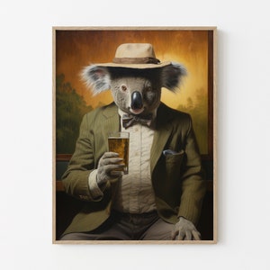 Funny Animals Koala Drinking Beer Oil Painting Print, Beer Wall Art, Beer Artwork, Surrealism Artwork, Beer Artwork, Animal Artwork