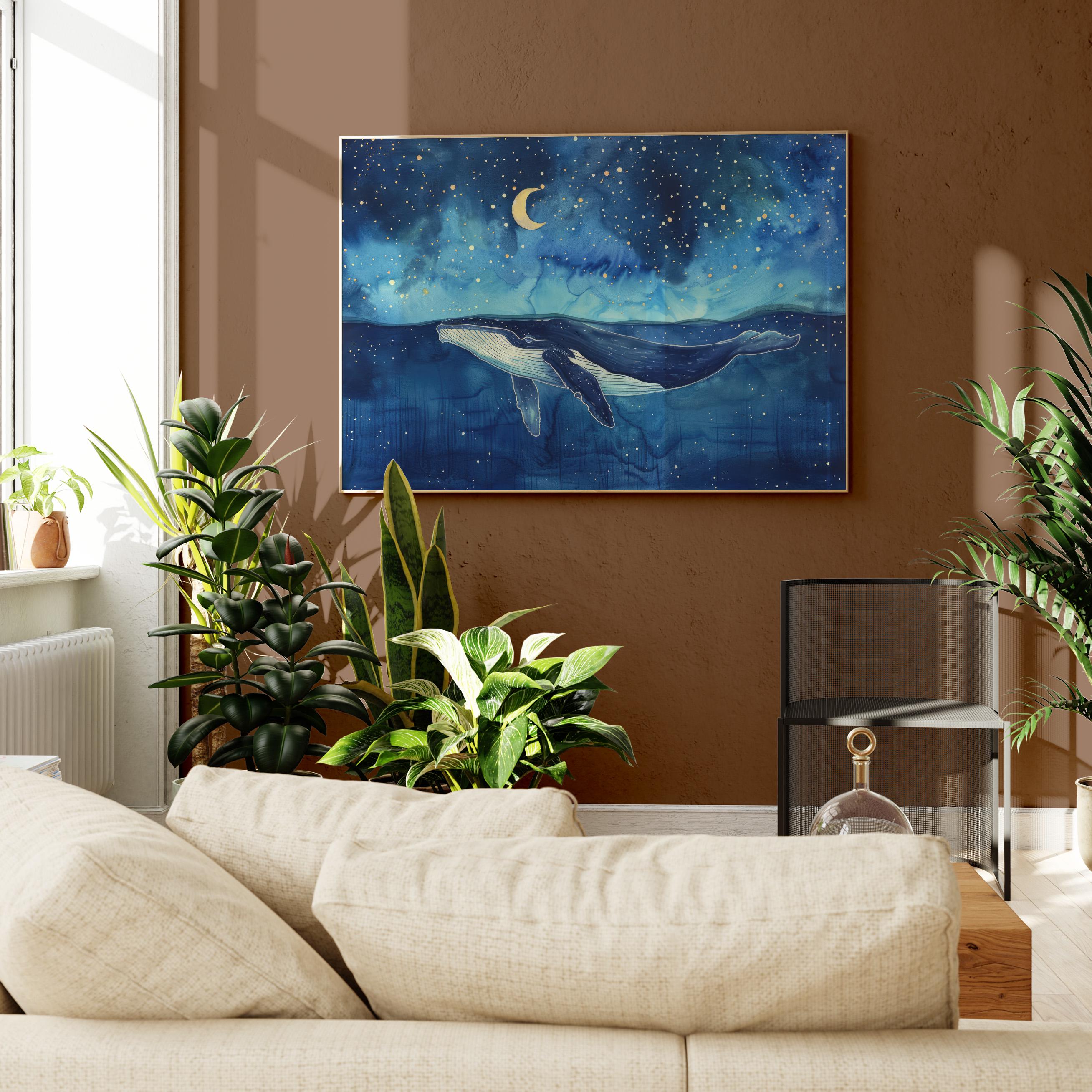 月下のクジラの水彩画 | クジラのプリント | クジラとボート | クジラ