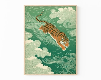 Japanese Tiger Swimming Print: Vintage Ukiyo-e Style Wall Art | WBH4