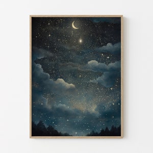 Vintage Night in the Woods Oil Painting Print, Vintage Celestial Wall Art, Moon and Stars Wall Decor, Dark Academia, Moody Oil Painting VN02