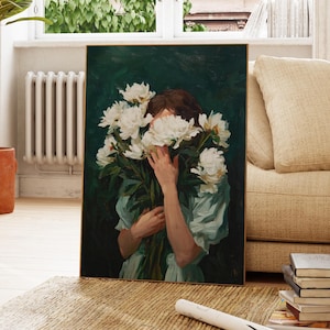 a painting of a woman holding a bouquet of white flowers, with her face partially obscured by the flowers.