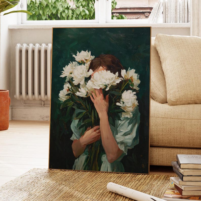 a painting of a woman holding a bouquet of white flowers, with her face partially obscured by the flowers.