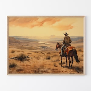 Dipinto ad acquerello di paesaggio vintage con cowboy, arte murale western, decorazione murale di metà secolo, decorazione rustica del sud-ovest #VLC19