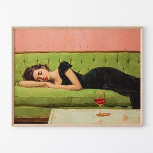 Woman on Couch with Martini Soft Tonal Oil Painting | Cocktail Art Bar Cart Decor | Aesthetic Print Gift | Trendy Wall Art Print | WCM2