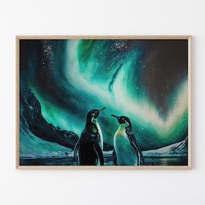 Loving Penguins Aurora borealis Oil Painting Print, High-Quality Matte Wall Art Print, Winter Home Decor, Gift for Penguin Lovers