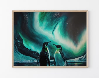 Loving Penguins Aurora borealis Oil Painting Print, High-Quality Matte Wall Art Print, Winter Home Decor, Gift for Penguin Lovers
