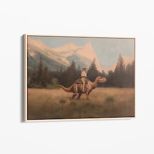Vintage Dinosaur Cowgirl Oil Painting Canvas Print | Western Jurassic Dinosaur Print | Gift for Him | Funny Print | Midwestern Decor | VDG6