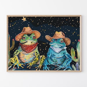 Stampa a olio di rana cowboy / Stampa di rana cowboy / Rospo e rana colorati e divertenti che indossano cappelli da cowboy con arte di cactus / FCF5