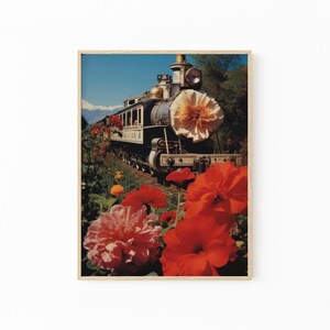 Collage floral surrealista de inspiración retro, años 50, máquina de vapor, surrealismo, impresión mate artística.