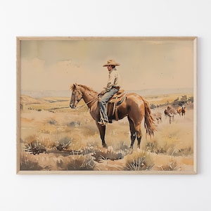 Dipinto ad acquerello di paesaggio vintage con cowboy, arte murale western, decorazione murale di metà secolo, decorazione rustica del sud-ovest #VLC22