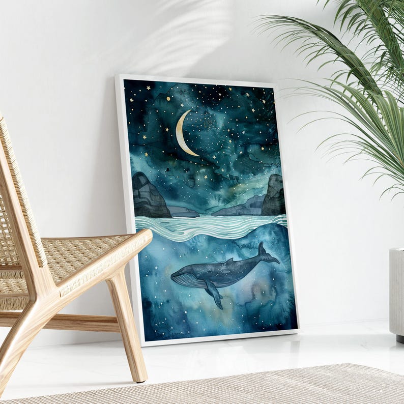 a large, framed painting depicting a whale swimming in the ocean under a starry night sky.
