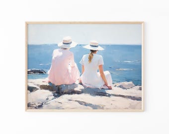 Girly Beach Painting Print | Coastal Apartment Decor | Soft Aesthetic Painting | Pink and Blue | Matte Painting Print | GPP8