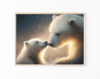 Oso polar con cachorro, pintura al óleo pacífica, impresión artística de pared mate firmada, decoración de invierno para el hogar, regalo para amantes de los osos polares.