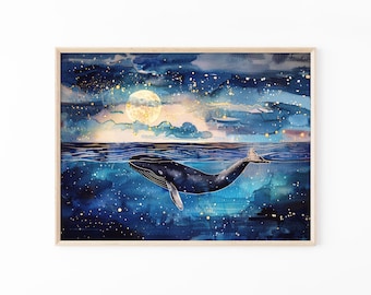 Celestial Night Whale Watercolour Painting | Humpback Whale | Nursery Watercolour Artwork Print | CNW5