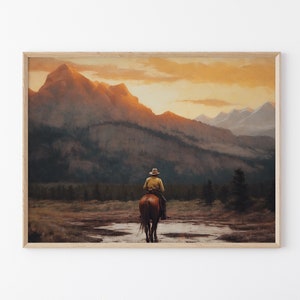 Stampa a olio di paesaggio vintage con cowboy, arte murale western, decorazione murale di metà secolo, decorazione rustica del sud-ovest #VLC16