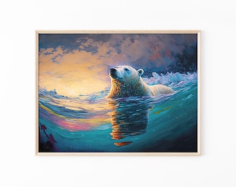 泳ぐホッキョクグマの油絵、北極のクマ、オリジナルの動物画、8.3x11.7