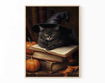 Vintage Black Cat Witch Oil Painting Print, Vintage Poster, Dark Academia, Gothic Victorian, Black Cat Art, Halloween BCTH3