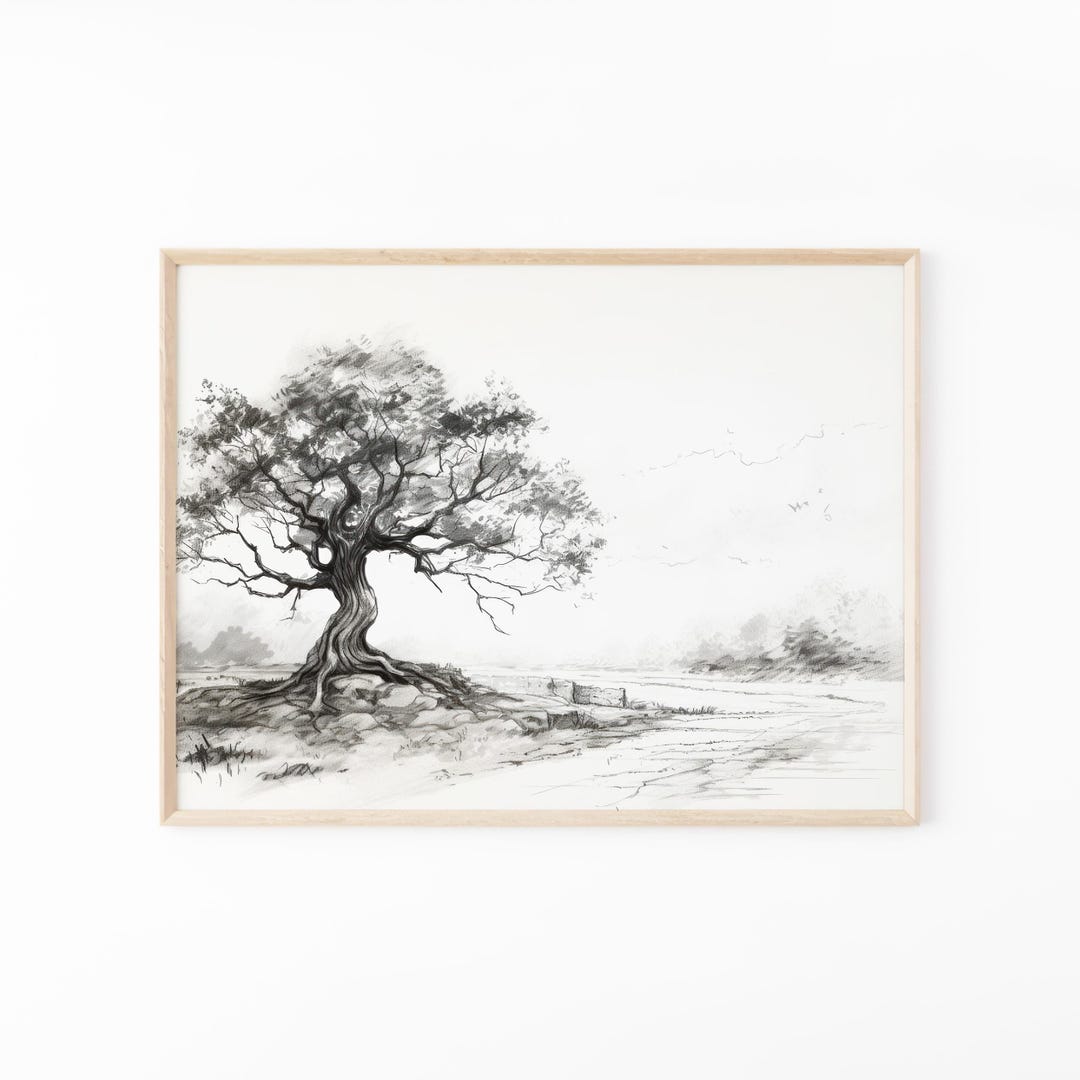 ラフでニュートラルなヴィンテージ風景画、アンティークな木の絵、植物
