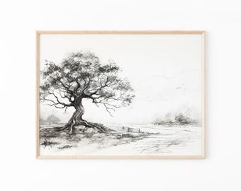 ラフでニュートラルなヴィンテージ風景画、アンティークな木の絵、植物