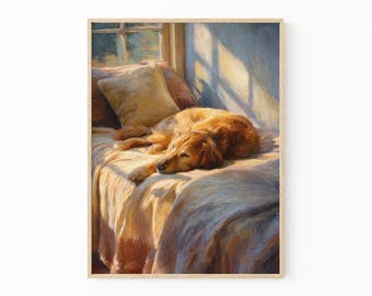 Sleeping Dogs Golden Retriever Art Print | Cozy Sunlit Dog Wall Decor | SCD2