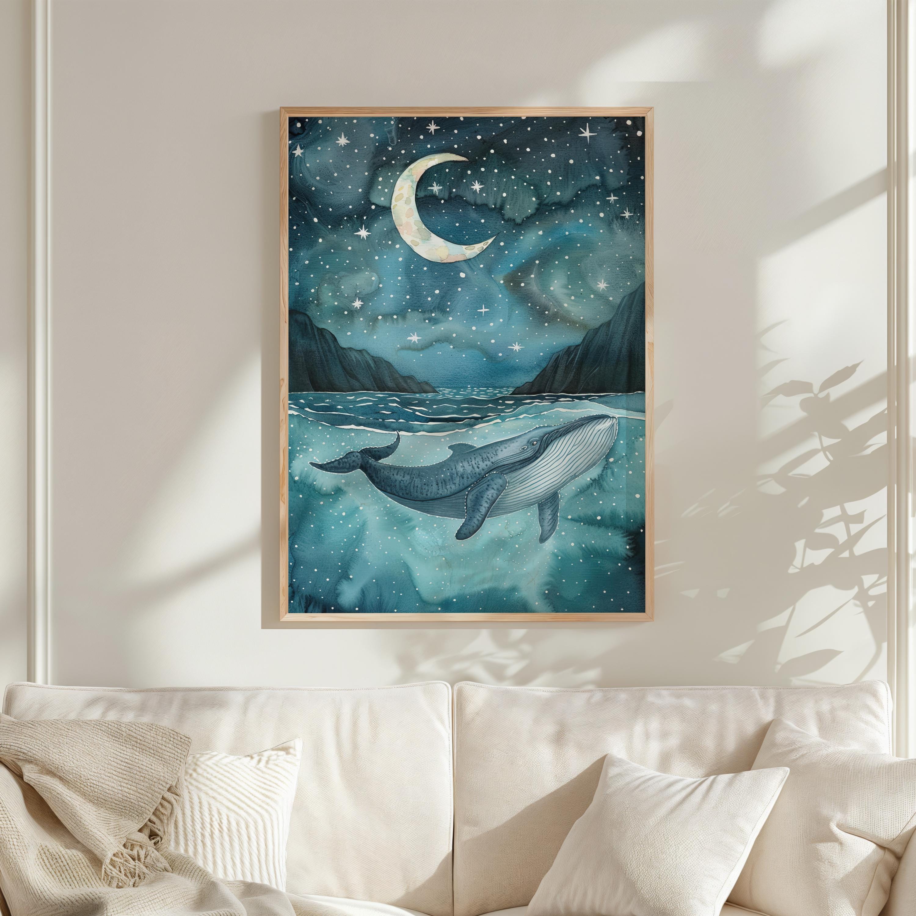 天空の夜のクジラの水彩画 | ザトウクジラ | 保育園用水彩画プリント