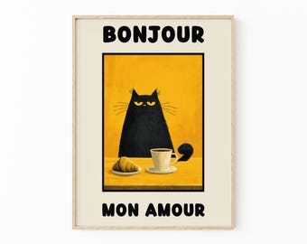 Le Chat Noir Print |  Bonjour Mon Amour Black Cat Wall Art for Vintage Home Decor | SFW2