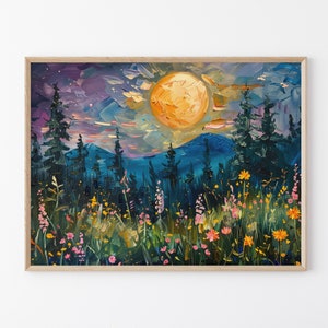 Moon above the Wildflowers and Woodland Oil Painting Print | Full Moon above Nature, Flowers and Trees | Mystical Midnight Enchanted | MAT8