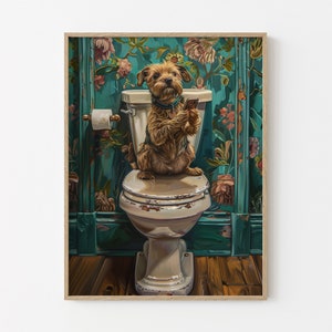 Border Terrier Sitting on Toilet with Phone Painting Print | Dog with Phone | Funny Dog Animal Picture Bathroom Wall Art Gift | TSO8