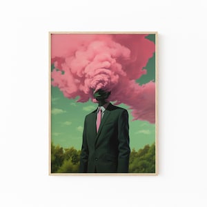 Impresión de pintura surrealista retro "Cabeza en las nubes" / Obra de arte de nubes rosas y verdes / Arte mural psicodélico / HI3