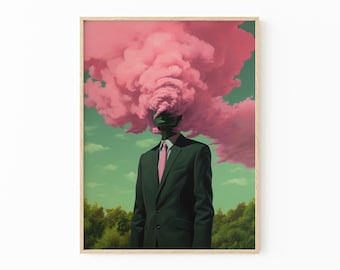 La tête dans les nuages impression de peinture surréaliste rétro | Oeuvre d'art rose nuage et vert | Art mural Trippy | HI3