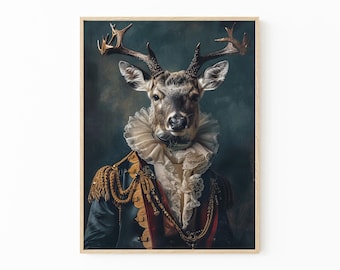 Vintage Stag Victorian Portrait Painting Print | Deer Wall Art Print | Animal Home Decor Gift | VSV2
