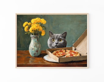Guilty British Shorthair Cat Eating Pizza Print | Whimsical Funny Wall Art for Cat Lovers | GUP3