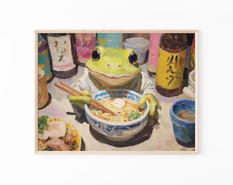 Impressão de pintura a óleo de um sapo comendo ramen | Arte de parede com macarrão ramen | Decoração de cozinha original | Pintura de inspiração japonesa | Arte de parede exclusiva | RFE2