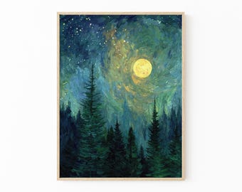 Obraz olejny „Księżyc i gwiazdy” | Ciemny las w stylu vintage | Dekoracja krajobrazowa | Wydruk „Niebiańskie nocne niebo” | MSO6