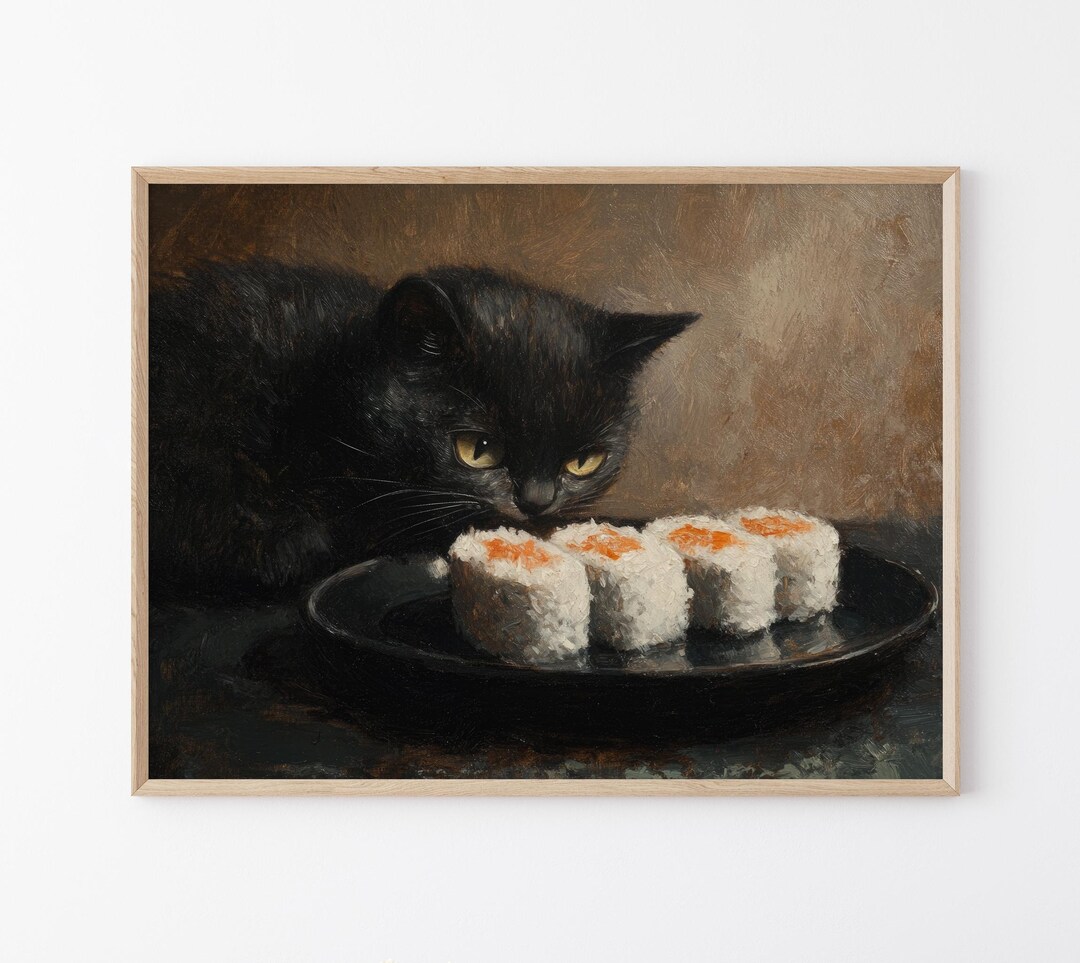 Black Cat Sushi Oil Painting Print | Tokyo Art Print | Oishii Cat Print ...