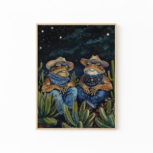 Impresión de pintura al óleo de rana vaquera / Impresión de rana vaquera / Sapo y rana coloridos, divertidos y extravagantes, con sombreros de vaquero y cactus / FCF2