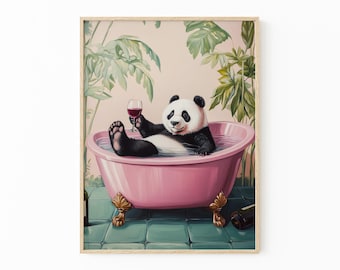 Panda Bathroom Print | Alcohol Print | Funny Animal Art | Panda in Bath Tub | Botanical Bathroom Art | PBW4