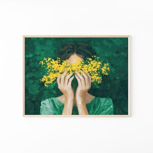 The image is a painting of a woman's face partially obscured by yellow flowers.